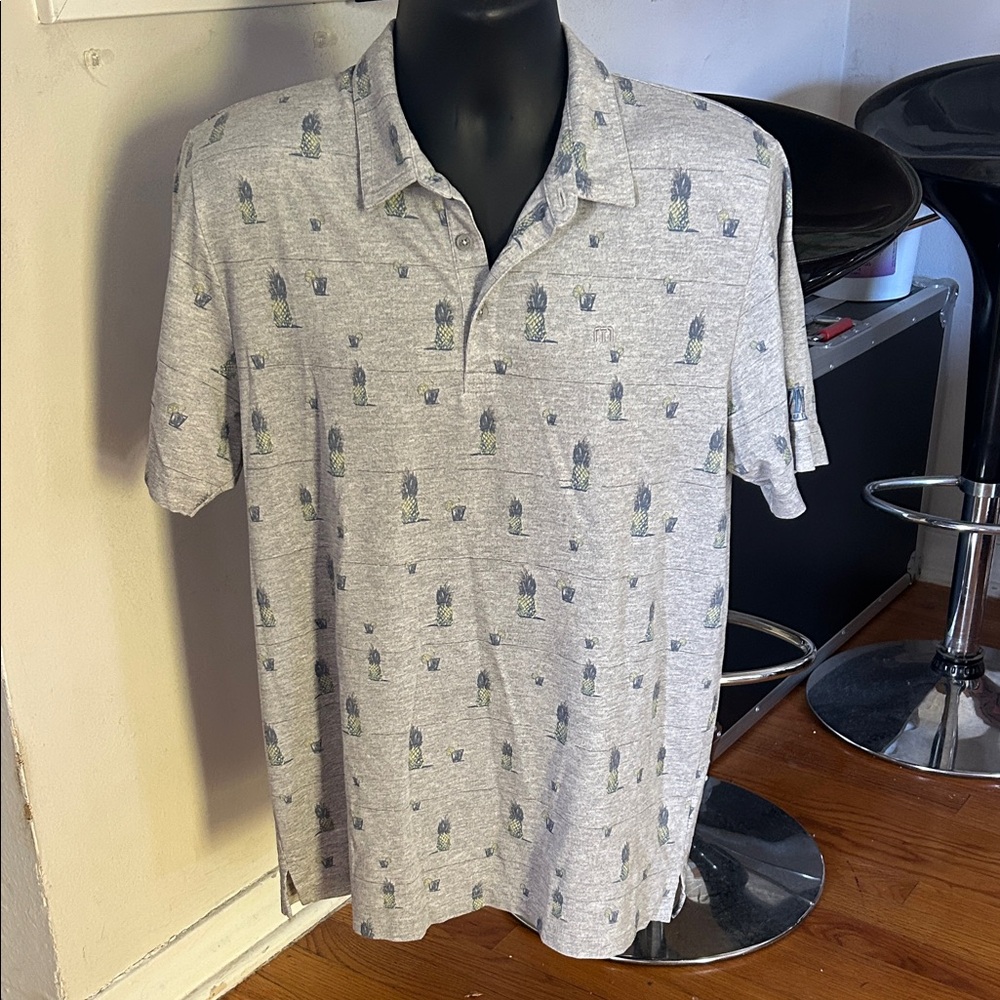 Travis Mathew Heather Gray Polo with Pattern ( pineapples, and cocktails)